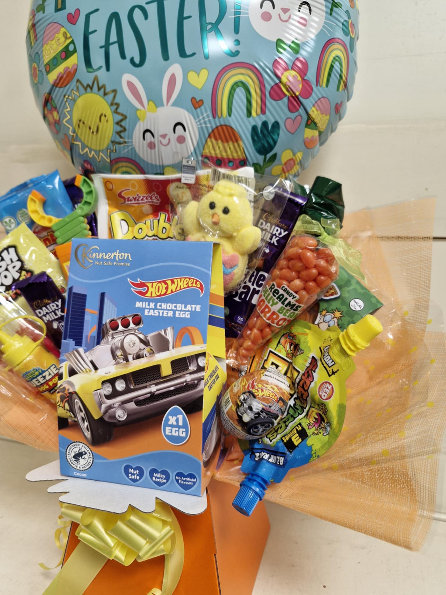 Orange Easter Bouquet with HOT WHEELS Easter Egg and Varying Chocolates and Sweets