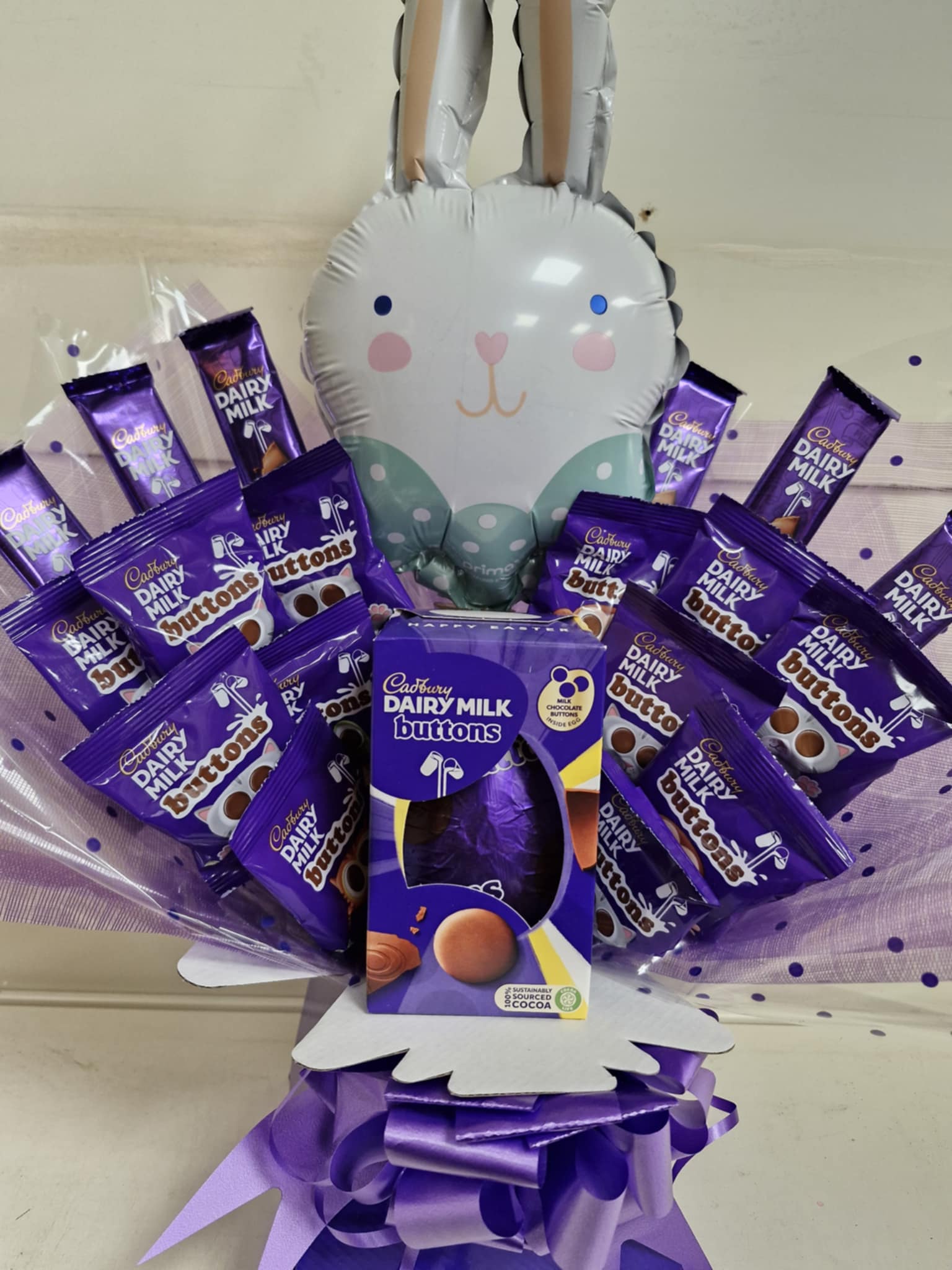 DAIRY MILK BUTTONS Easter Egg Chocolate Bouquet with Bunny Balloon