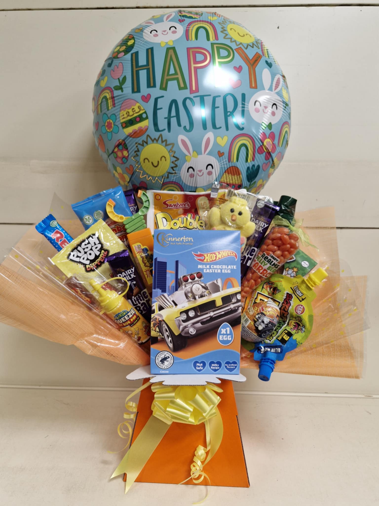Orange Easter Bouquet with HOT WHEELS Easter Egg and Varying Chocolates and Sweets