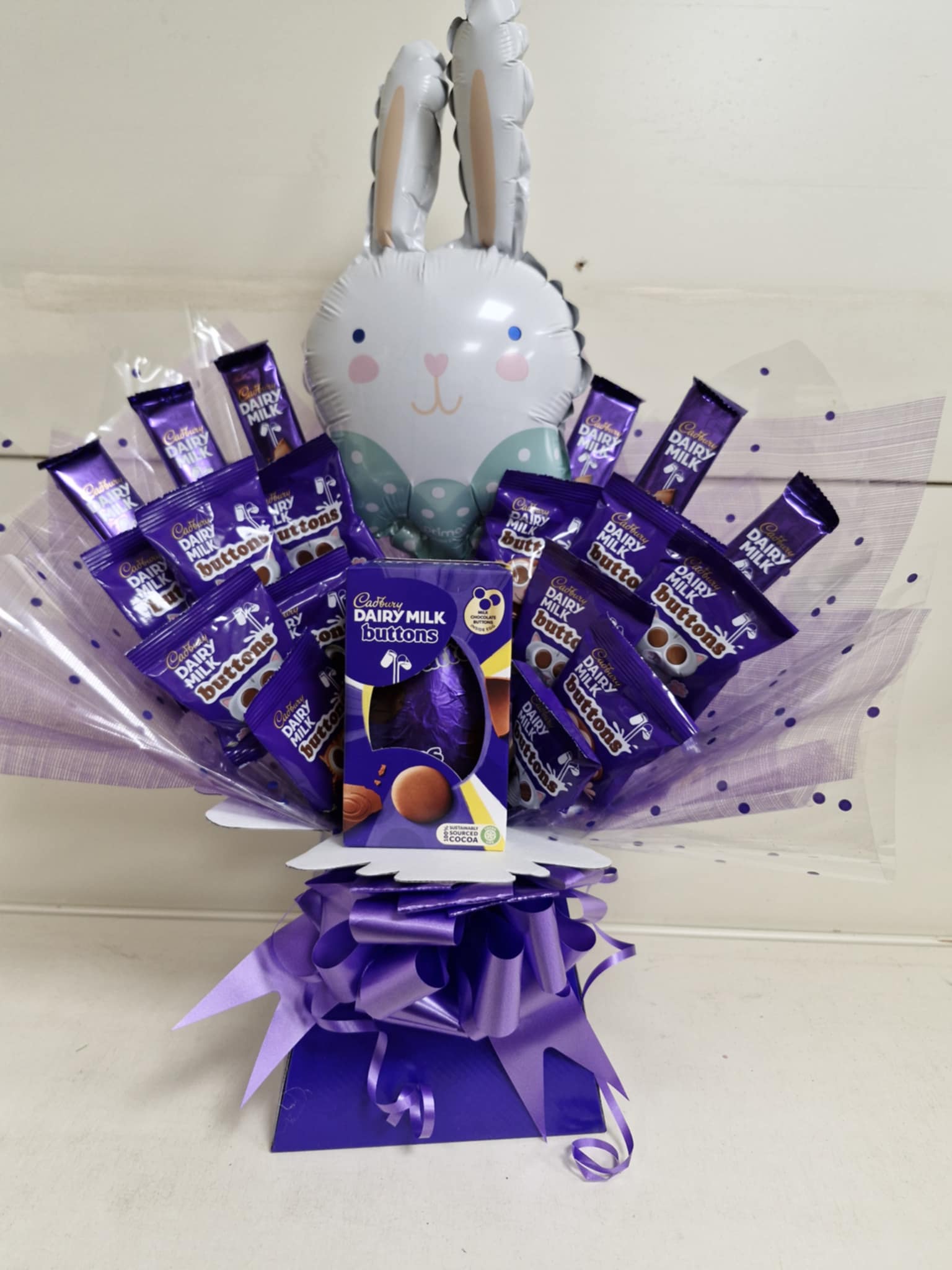 DAIRY MILK BUTTONS Easter Egg Chocolate Bouquet with Bunny Balloon