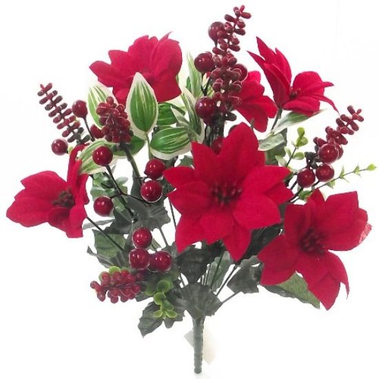 40cm RED VELVET POINSETTIA AND EUCALYPTUS MANY BERRY MIXED BUSH