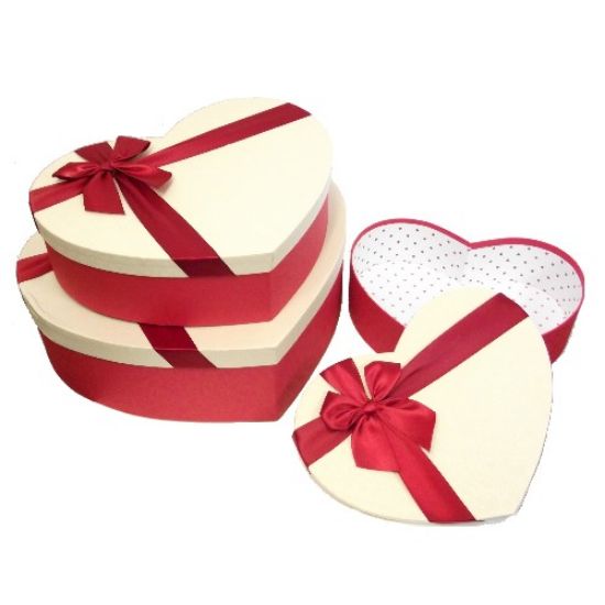 SET OF 3 LARGE RED/IVORY HEART SHAPED FLOWER BOXES WITH RIBBON BOW