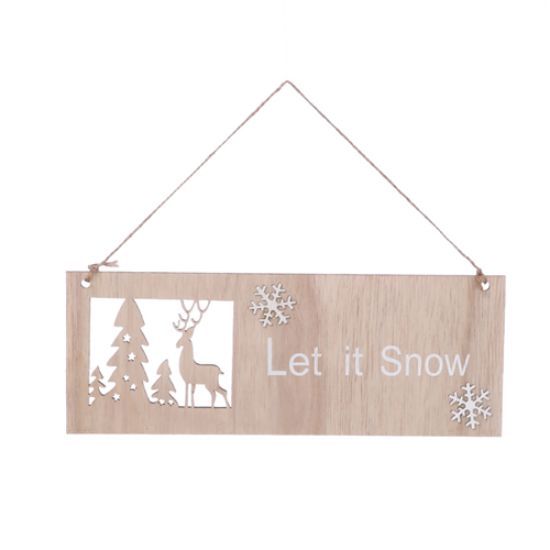 NATURAL/WHITE WOODEN LET IT SNOW HANGING SIGN WITH REINDEER DECORATION 29.5cm