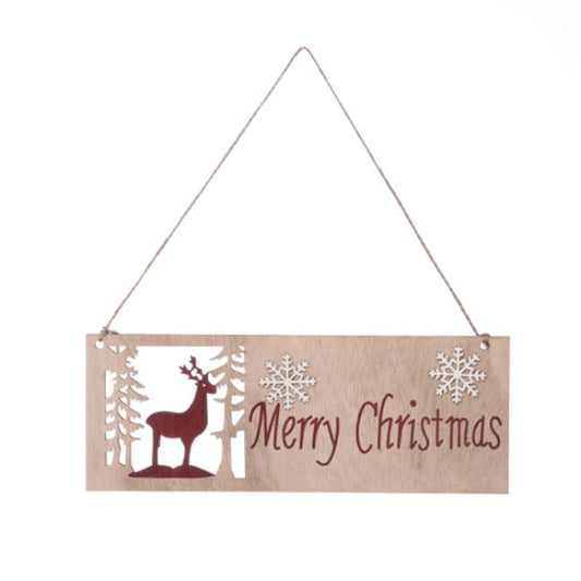 NATURAL/RED/WHITE WOODEN MERRY CHRISTMAS HANGING SIGN WITH REINDEER DECORATION 29.5cm