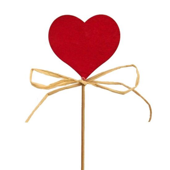 5cm WOODEN HEART PICK WITH RAFFIA ON 20cm STICK RED X 12pcs