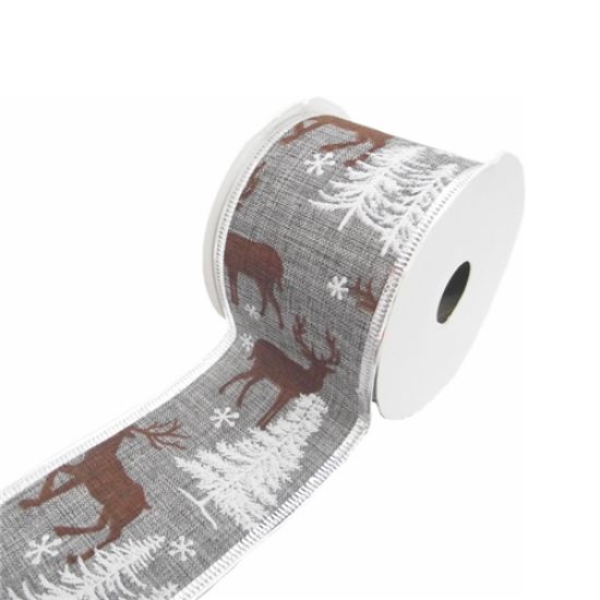 Christmas Trees & Stag Grey Wired Edge Ribbon 63mm