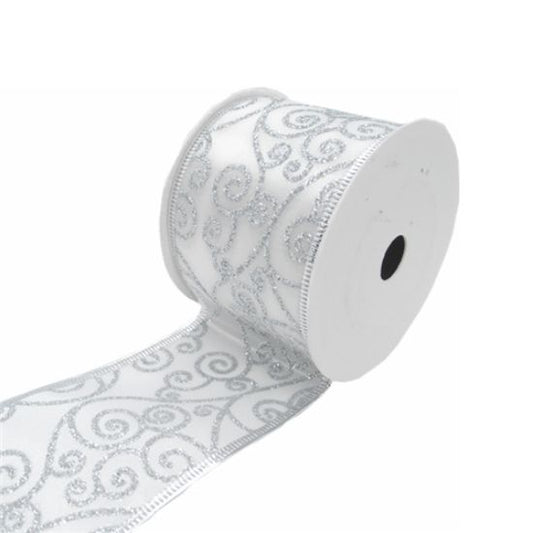 WHITE/SILVER SWIRLS CHRISTMAS FABRIC WIRED EDGE RIBBON 63mm X 10yds