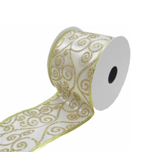 IVORY/GOLD SWIRLS CHRISTMAS FABRIC WIRED EDGE RIBBON 63mm X 10yds