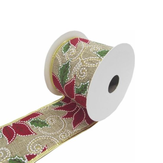 NATURAL/RED/GREEN/GOLD CHRISTMAS POINSETTIA FABRIC WIRED EDGE RIBBON 63mm X 10yds