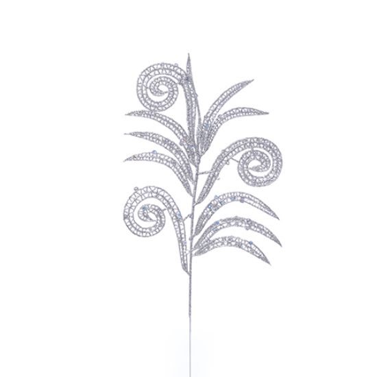 36cm GLITTERED PEACOCK LEAF SPRAY SILVER X3