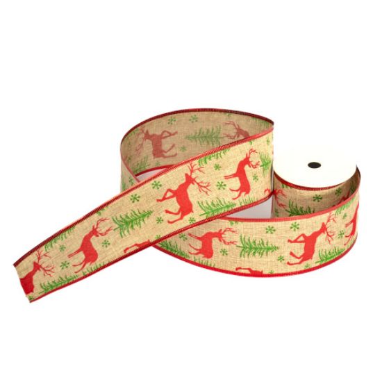 CHRISTMAS REINDEER AND TREES NATURAL/RED/GREEN BURLAP WIRED EDGE RIBBON 63mm x 10yds