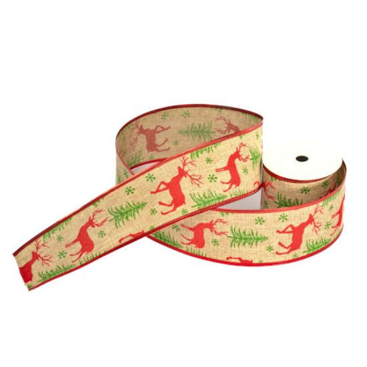 CHRISTMAS REINDEER AND TREES NATURAL/RED/GREEN BURLAP WIRED EDGE RIBBON 63mm x 10yds