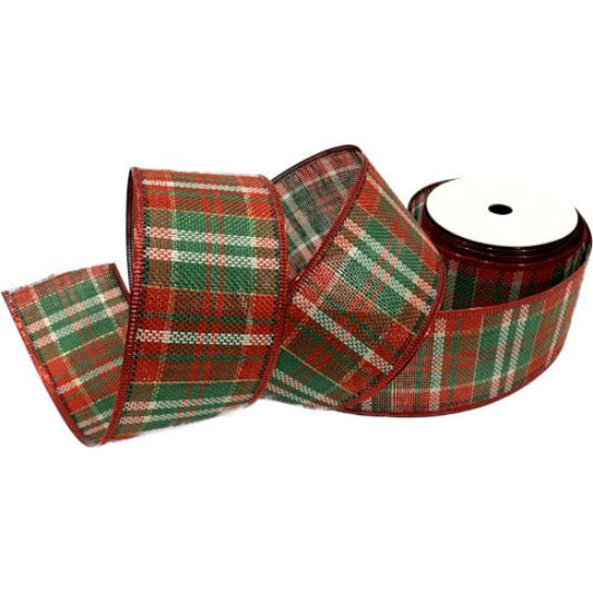 RED/GREEN BURLAP TARTAN WIRED EDGE RIBBON 63mm X 10yds