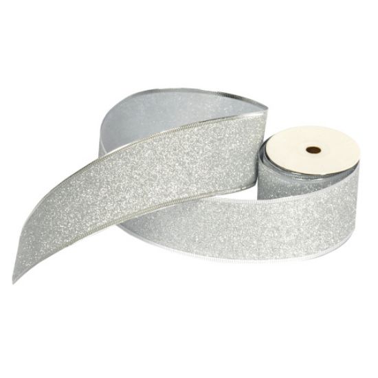 Silver Glitter Wired Edge Ribbon 63mm