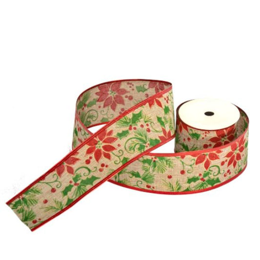 Poinsettia Burlap Wired Edge Ribbon 63mm