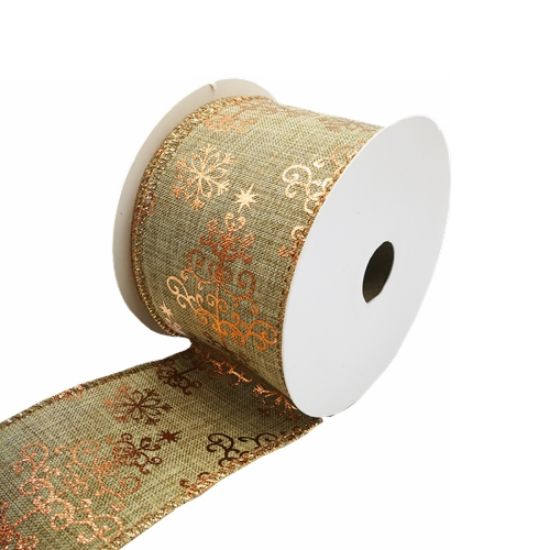 GOLD TREES FABRIC WIRED EDGE CHRISTMAS RIBBON 63mm X 10yds