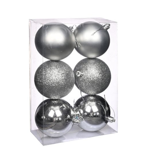 8cm CHRISTMAS BAUBLES ASSORTED SILVER X 6pcs