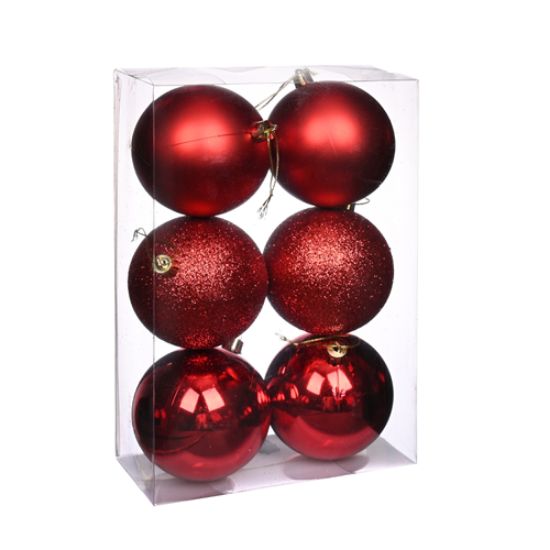 8cm CHRISTMAS BAUBLES ASSORTED RED X 6pcs