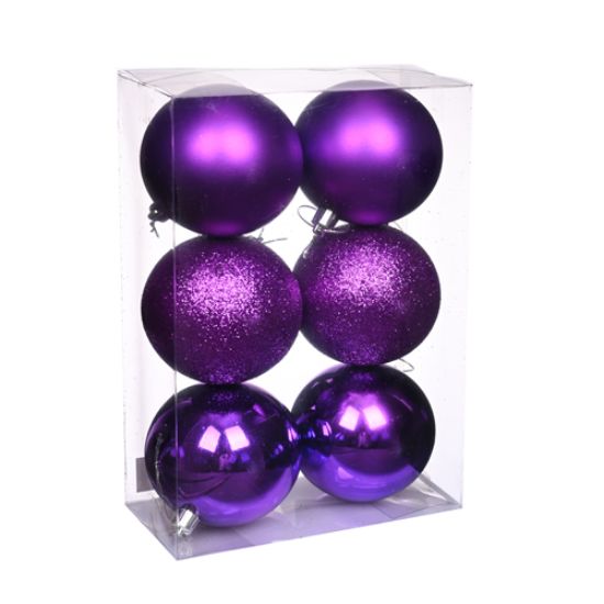 8cm CHRISTMAS BAUBLES ASSORTED PURPLE X 6pcs