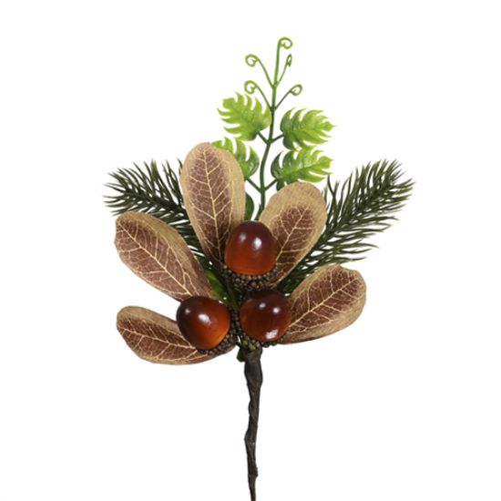 GREEN/BROWN ACORN PICK WITH CONES AND FOLIAGE 23cm 12 PACK