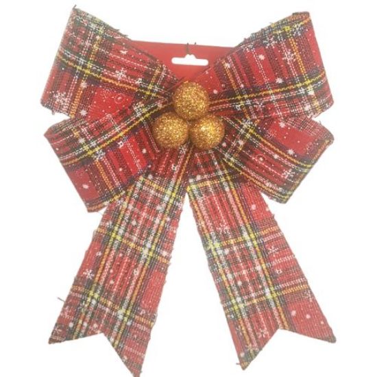 30cm LARGE CHRISTMAS BOW WITH BERRIES TARTON RED/GREEN