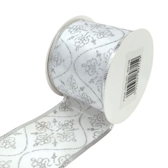 WHITE/SILVER SWIRLS CHRISTMAS FABRIC WIRED EDGE RIBBON 63mm X 10yds