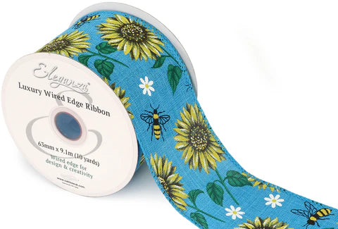 TURQUOISE BEE AND SUNFLOWER ELEGANZA WIRED EDGE RIBBON 63MM X 9.1M