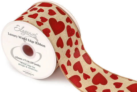 Natural Red Hearts Eleganza Wired Edge Ribbon 63mm x 9.1m