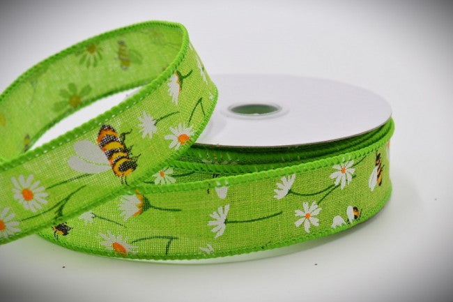 Yellow / green flower &amp; bumble bee wired ribbon 10 metres - various widths
