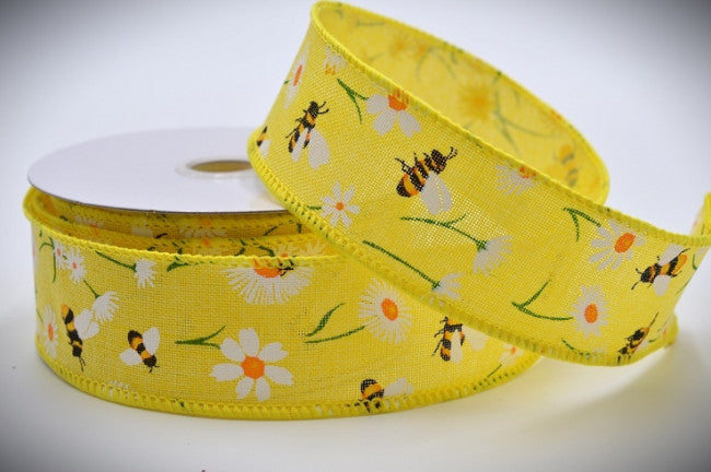 Yellow flower &amp; bumble bee wired ribbon 25mm x 10metres