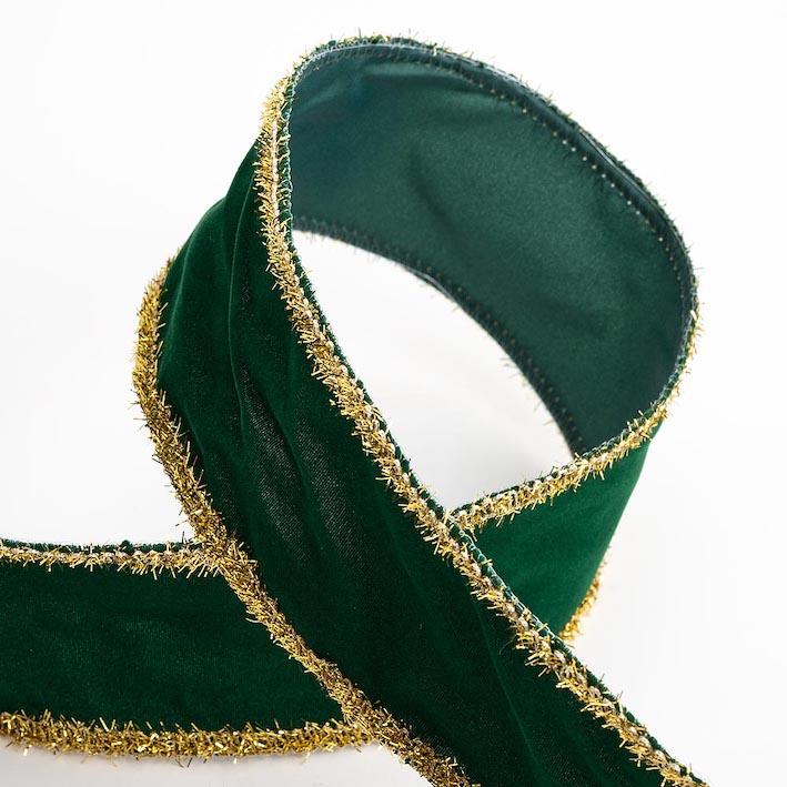 Green Velvet Wired Gold Tinsel Edge 63mm x 10m