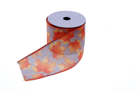 ORANGE/BROWN 64MM AUTUMN LEAF RIBBON 9.1 METRE ROLL