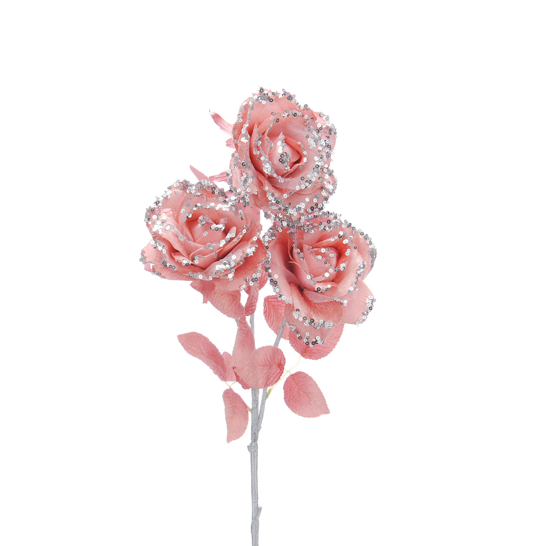 88cm coral with silver glitter rose spray