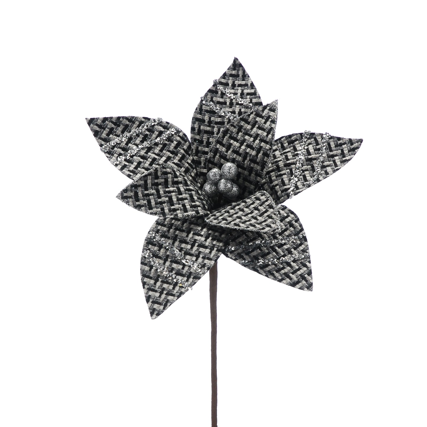 30cm black/white tweed effect poinsettia stem