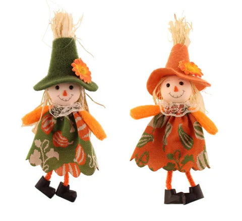 ASSORTED GREEN/ORANGE HANGING FABRIC SCARECROWS 20CM PACK OF 2