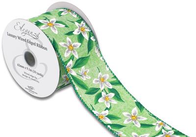 GREEN/WHITE FLORAL WIRED EDGE RIBBON 63MM X 9.1M