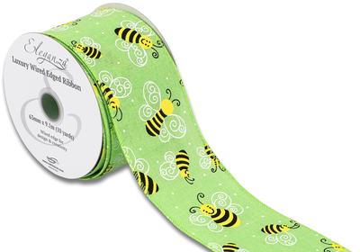 LIME GREEN SMILEY BEE WIRED EDGE RIBBON 63MM X 9.1M