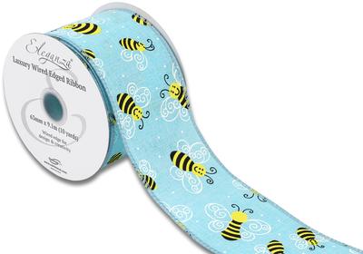 BLUE SMILEY BEE WIRED EDGE RIBBON 63MM X 9.1M