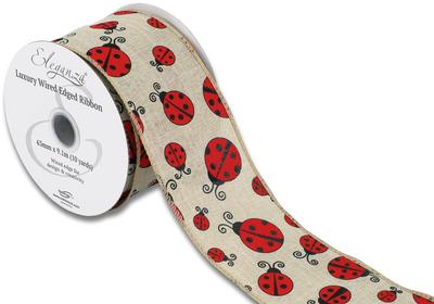 NATURAL LADYBIRD BLOOM WIRED EDGE RIBBON 63MM X 9.1M