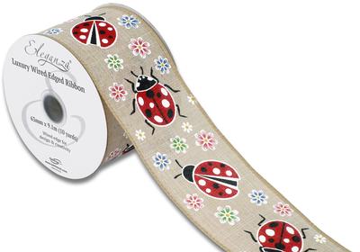 NATURAL FLORAL LADYBIRD WIRED EDGE RIBBON 63MM X 9.1M