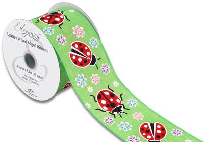 LIME GREEN FLORAL LADYBIRD WIRED EDGE RIBBON 63MM X 9.1MLIME GREEN FLORAL LADYBIRD WIRED EDGE RIBBON 63MM X 9.1M