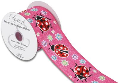 FUCHSIA FLORAL LADYBIRD WIRED EDGE RIBBON 63MM X 9.1M