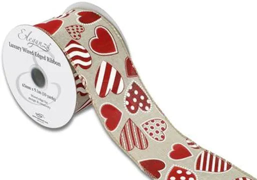 Eleganza Wired Edge Patterned Hearts Natural 63mm x 9.1m