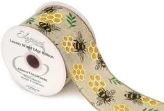 Eleganza Wired Edge Ribbon Bee and Honeycomb Natural 63mm