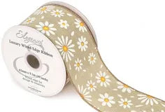 Eleganza Wired Edge Ribbon White Daisies on Natural 63mm x 9.1m