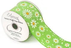 Eleganza Wired Edge Ribbon White Daisies on Green 63mm x 9.1m