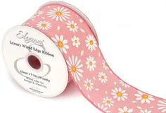 Eleganza Wired Edge Ribbon White Daisies on Pink 63mm x 9.1m