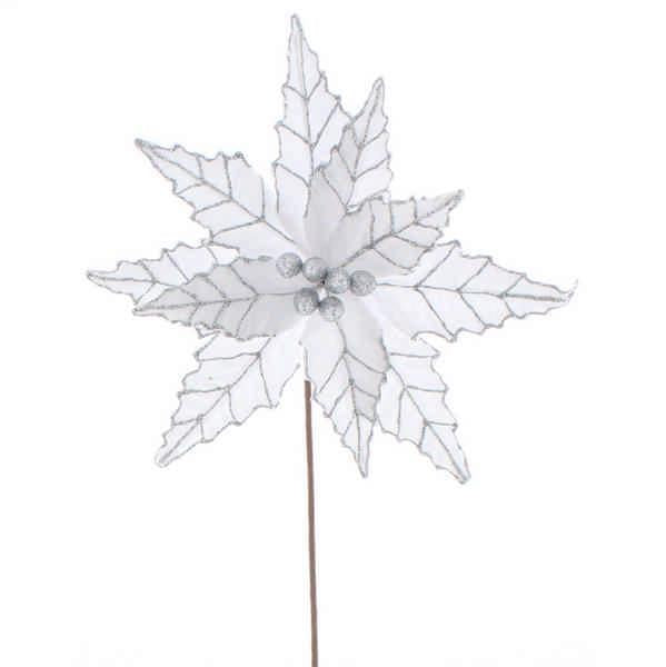 50cm white velvet poinsettia - silver glitter stem