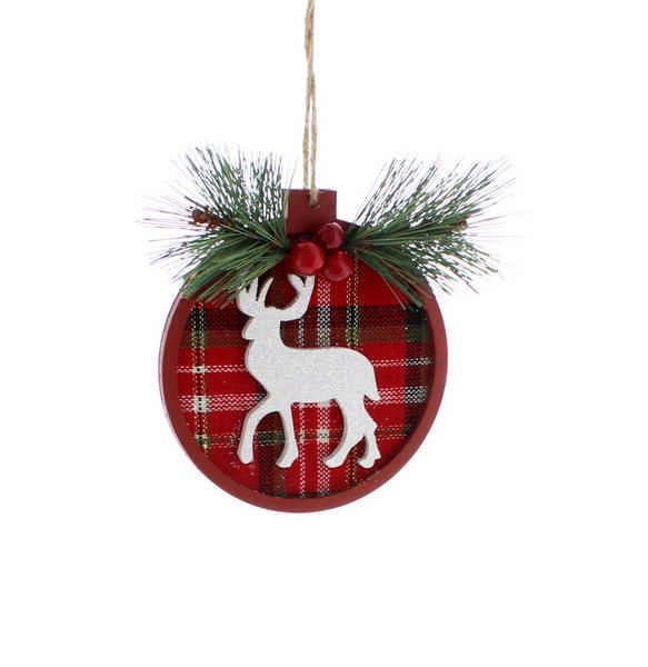 16cm wooden red tartan disc with reindeer