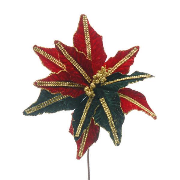 67cm red / green poinsettia with gold sequin stem